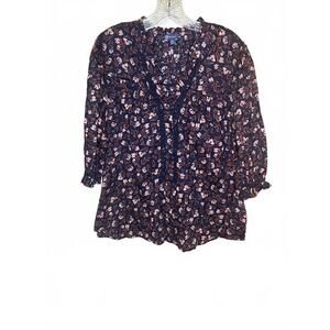 Democracy XL Floral Print Women's Navy Blouse Flowy Lightweight Cotton